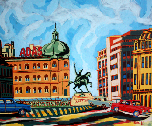 Painting of University Square in Bucharest by Borbay